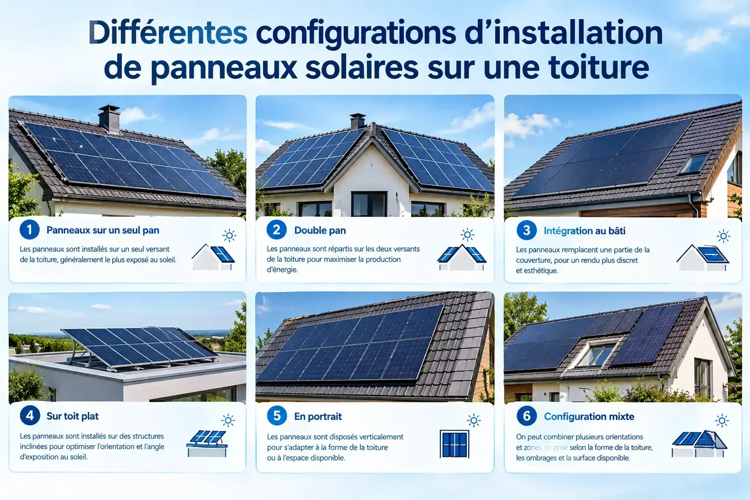 Différentes configurations d'installation de panneaux solaires sur une toiture
