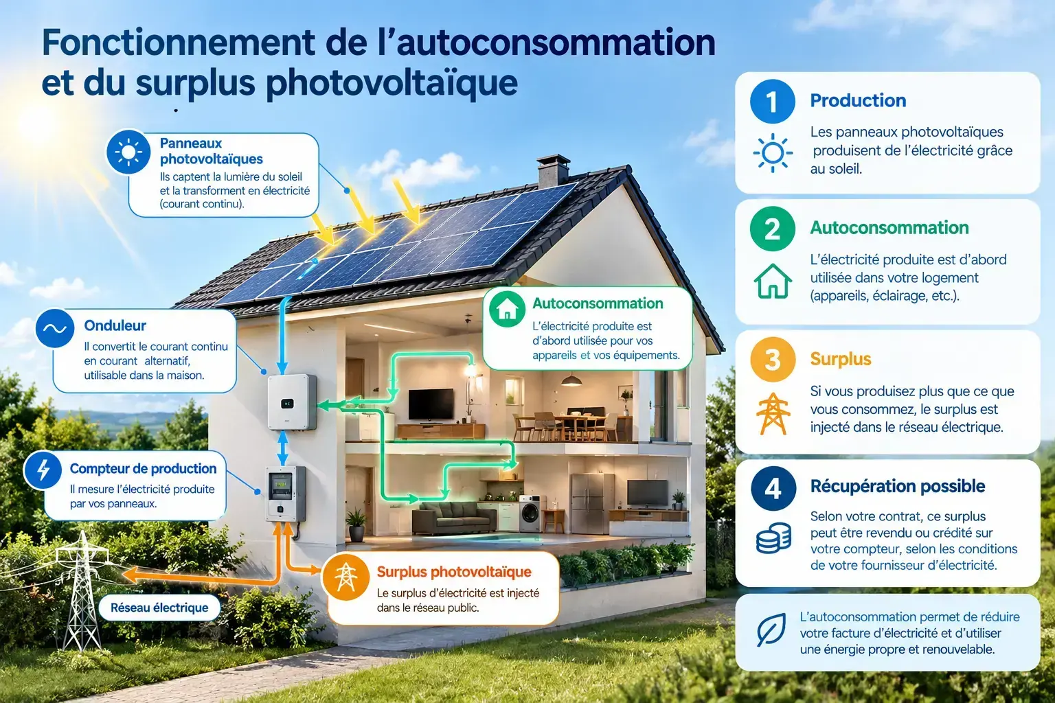 Fonctionnement de l'autoconsommation et du surplus photovoltaïque