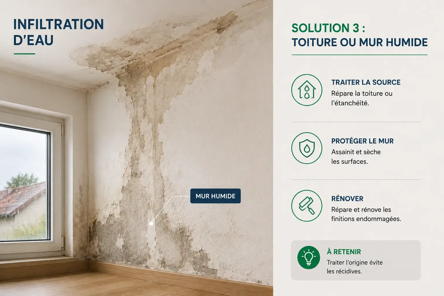 Infiltration d'eau sur un mur intérieur de maison