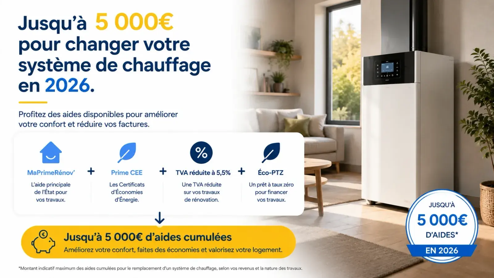 Aide chauffage 2026 : MaPrimeRénov', Prime CEE, TVA 5,5%, Éco-PTZ