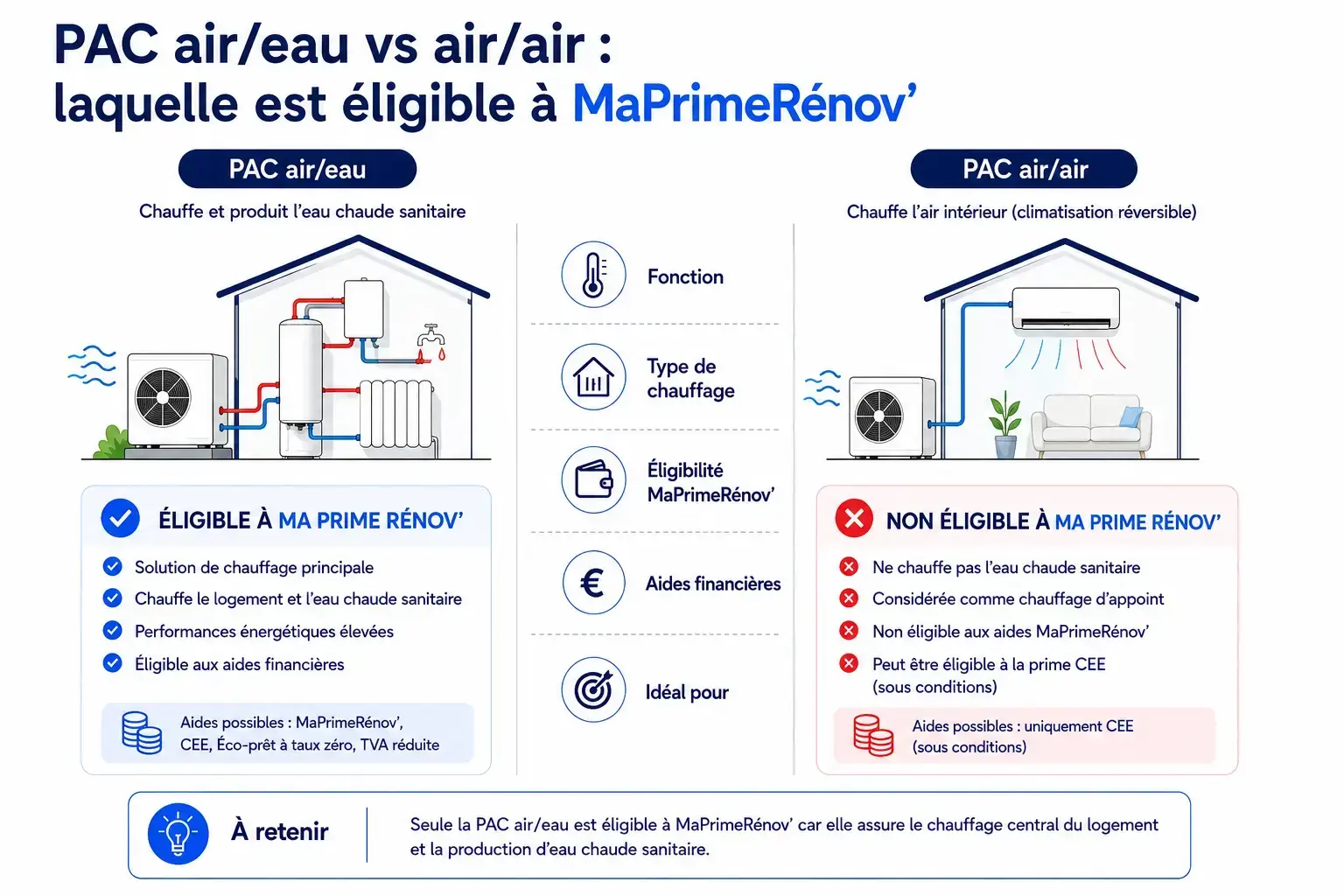 PAC air/eau vs air/air : laquelle est éligible à MaPrimeRénov'