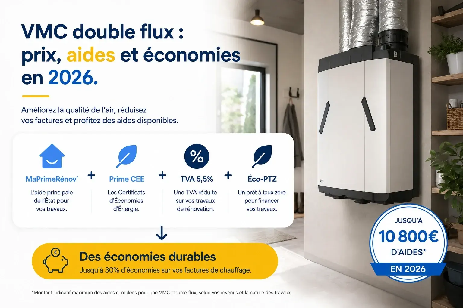 Aides VMC double flux en 2026 : Prime CEE, TVA 5,5%, Éco-PTZ